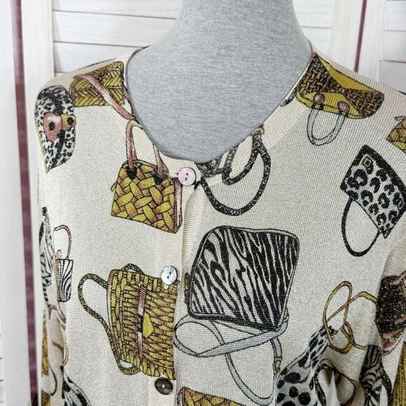XXist Shimmer Purses Print Button Up Cardigan Sweater Gold Tan Multi Large - Picture 6 of 13